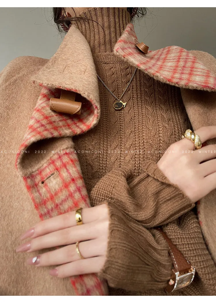 Aconiconi| All-Wool Double-Sided Plaid Checkered Long Coat Winter- Cardamom