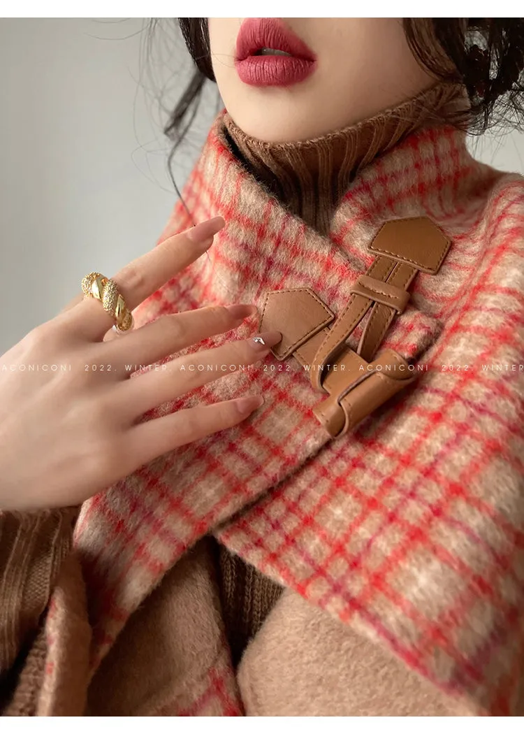 Aconiconi| All-Wool Double-Sided Plaid Checkered Long Coat Winter- Cardamom