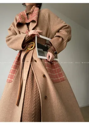 Aconiconi| All-Wool Double-Sided Plaid Checkered Long Coat Winter- Cardamom
