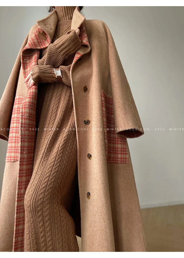 Aconiconi| All-Wool Double-Sided Plaid Checkered Long Coat Winter- Cardamom
