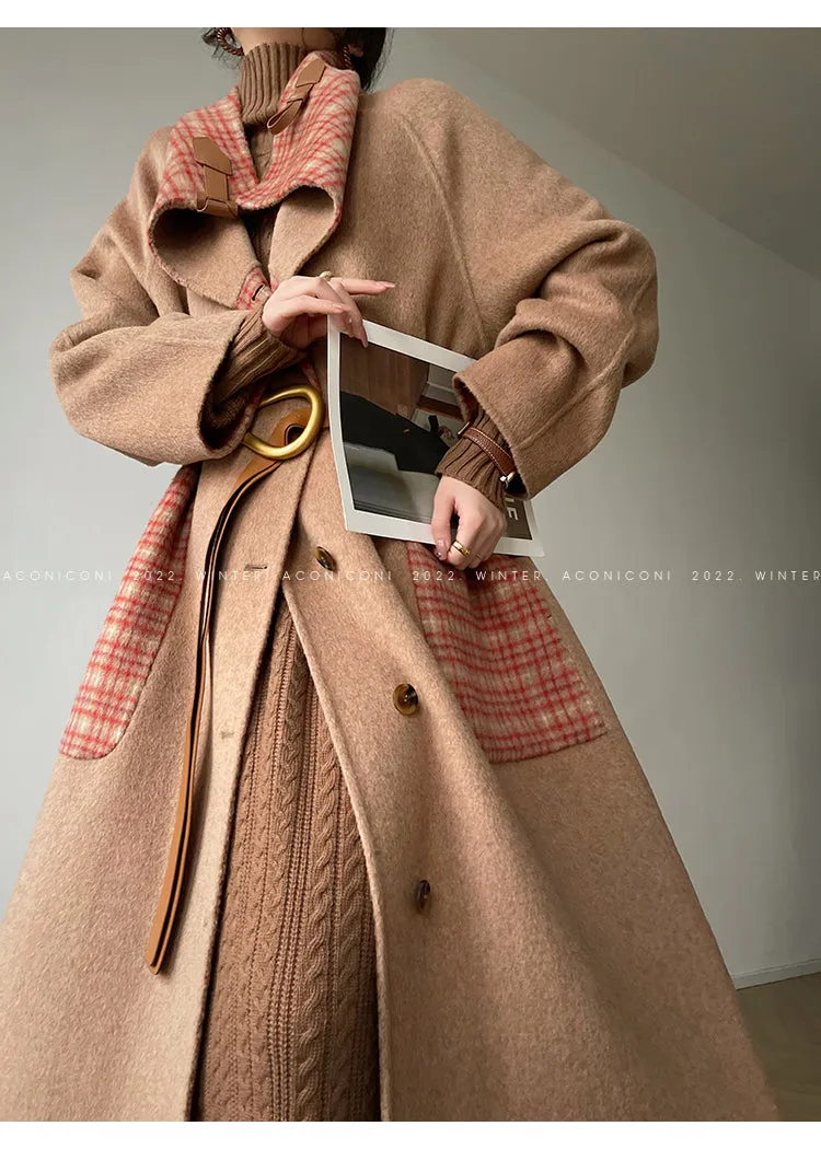 Aconiconi| All-Wool Double-Sided Plaid Checkered Long Coat Winter- Cardamom