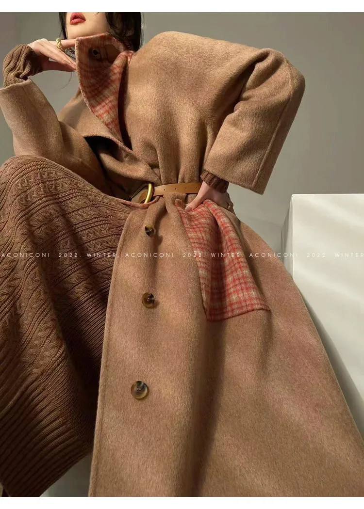 Aconiconi| All-Wool Double-Sided Plaid Checkered Long Coat Winter- Cardamom