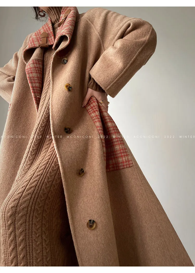 Aconiconi| All-Wool Double-Sided Plaid Checkered Long Coat Winter- Cardamom