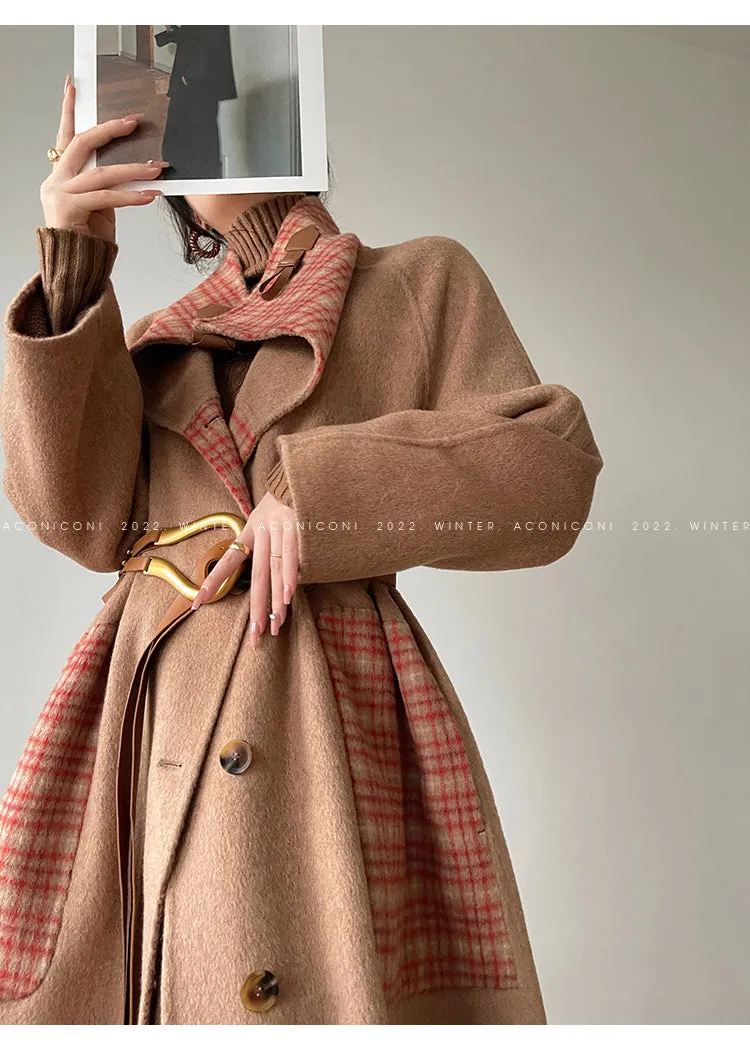 Aconiconi| All-Wool Double-Sided Plaid Checkered Long Coat Winter- Cardamom
