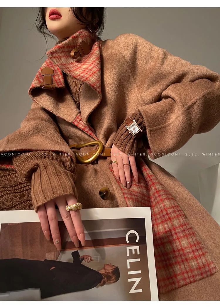 Aconiconi| All-Wool Double-Sided Plaid Checkered Long Coat Winter- Cardamom