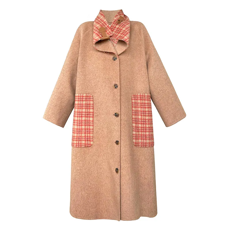 Aconiconi| All-Wool Double-Sided Plaid Checkered Long Coat Winter- Cardamom