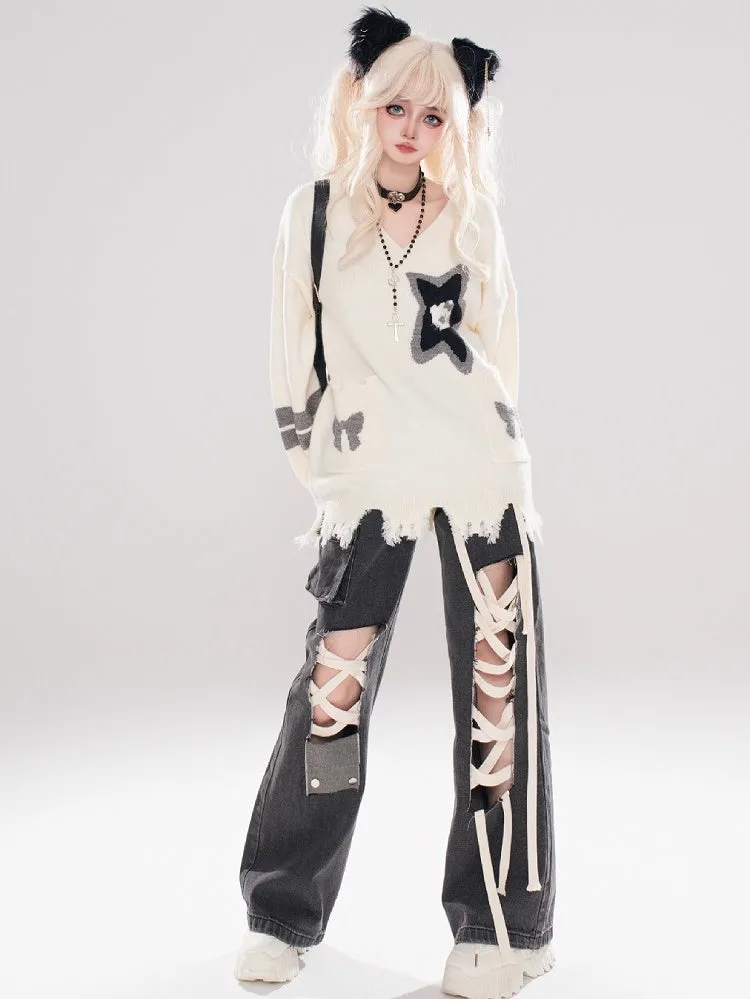 Apricot Kitty and Star Distress Trim V-neck Sweater