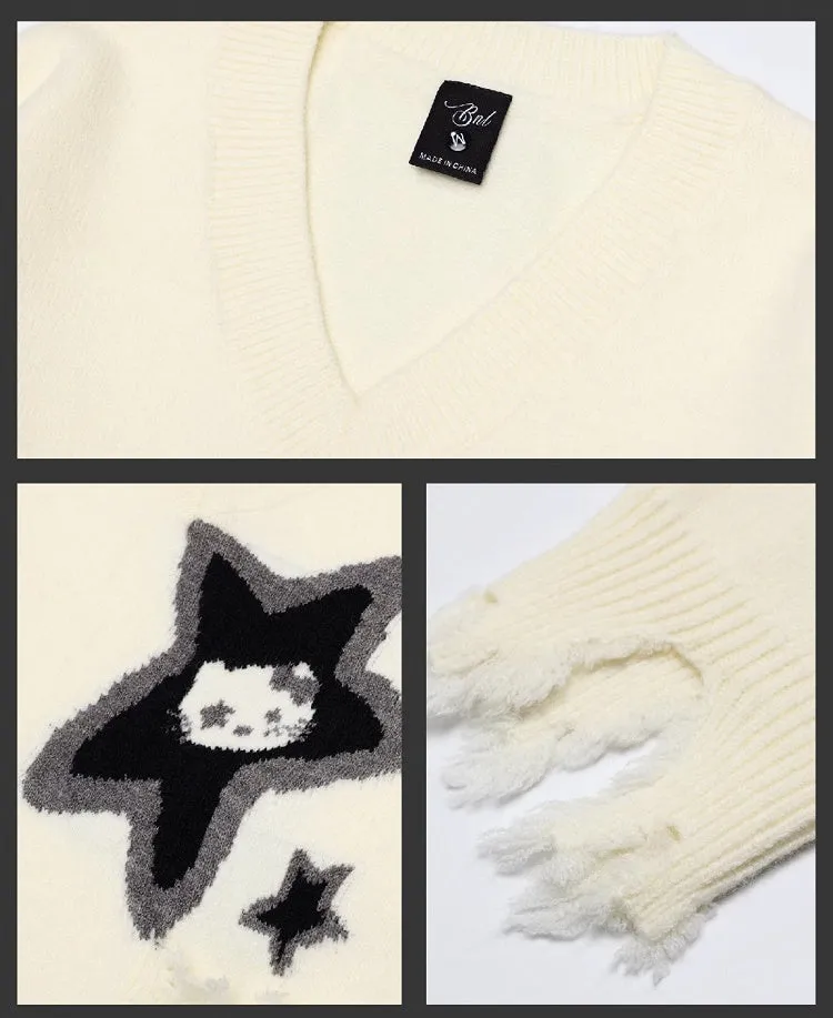 Apricot Kitty and Star Distress Trim V-neck Sweater