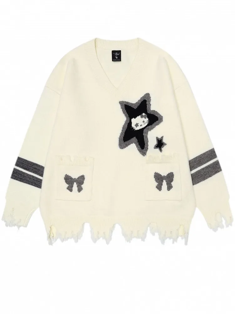 Apricot Kitty and Star Distress Trim V-neck Sweater