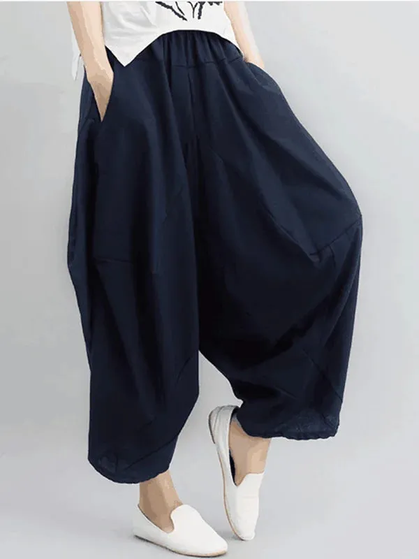 Artistic Retro Ramie Cotton Solid Color Elasticity Harem Pants 106009