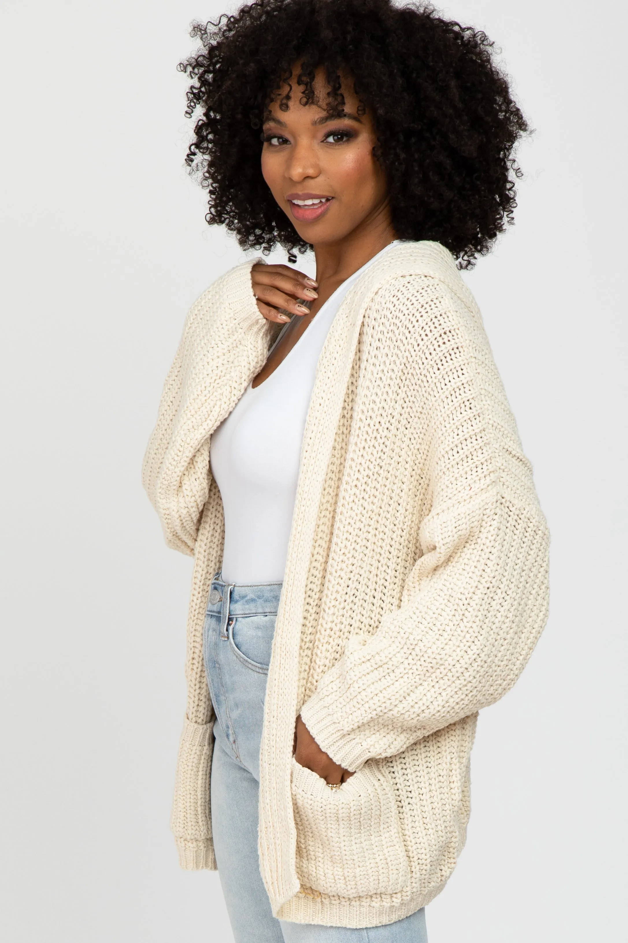 Beige Cable Knit Hooded Cardigan