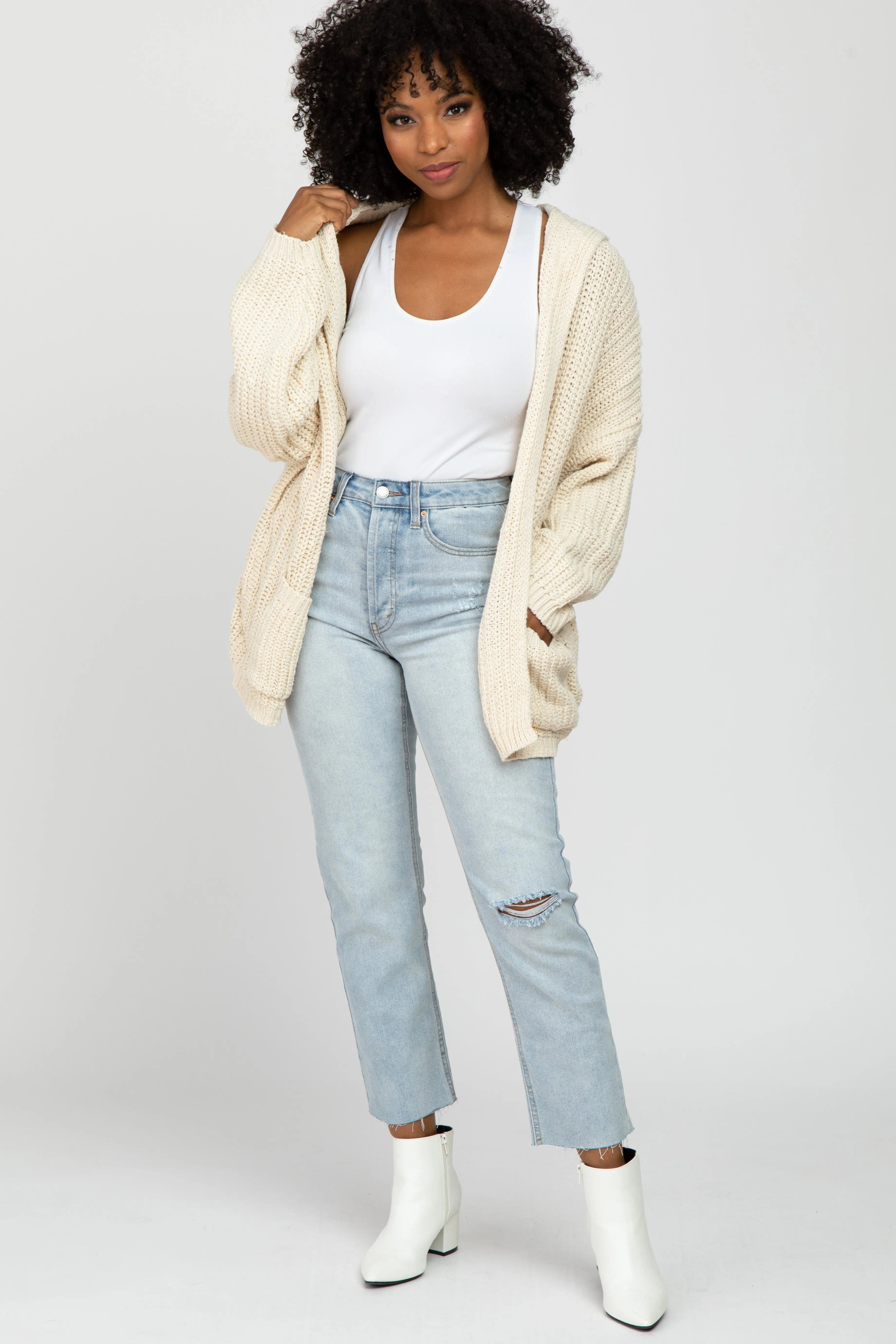 Beige Cable Knit Hooded Cardigan