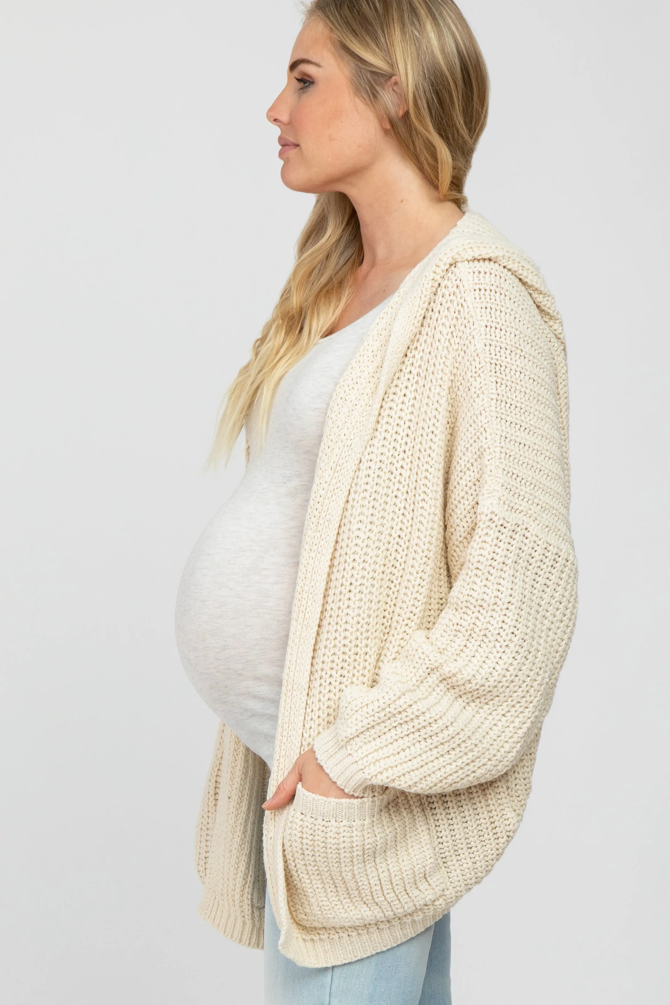 Beige Cable Knit Hooded Maternity Cardigan