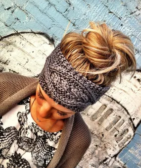 Boho Cable Knit Ear Warmer Headband Charcoal Gray Best Selling Super Soft Buttons On & Off One Size