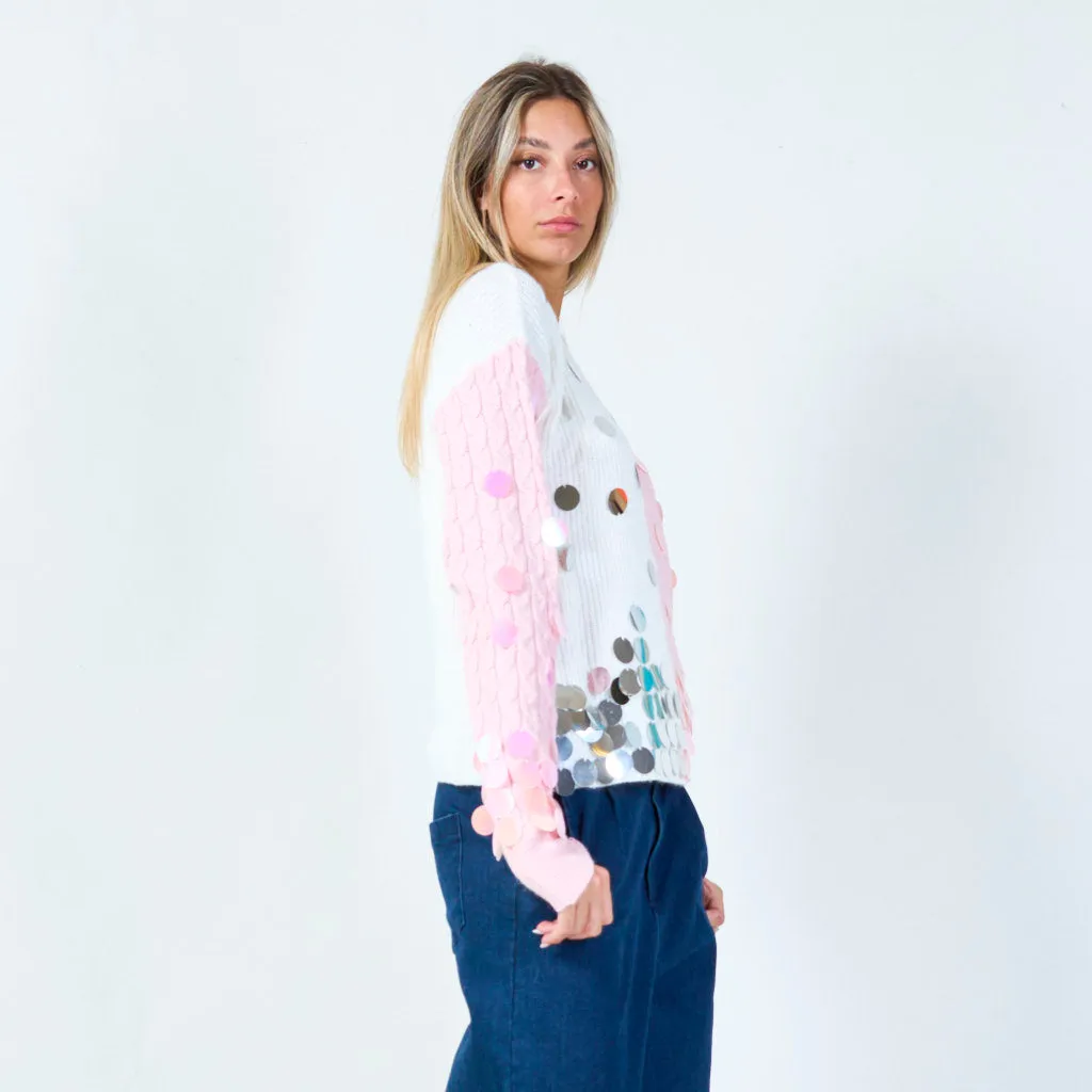 Bold sequin embellished two-tone sweater wholesale