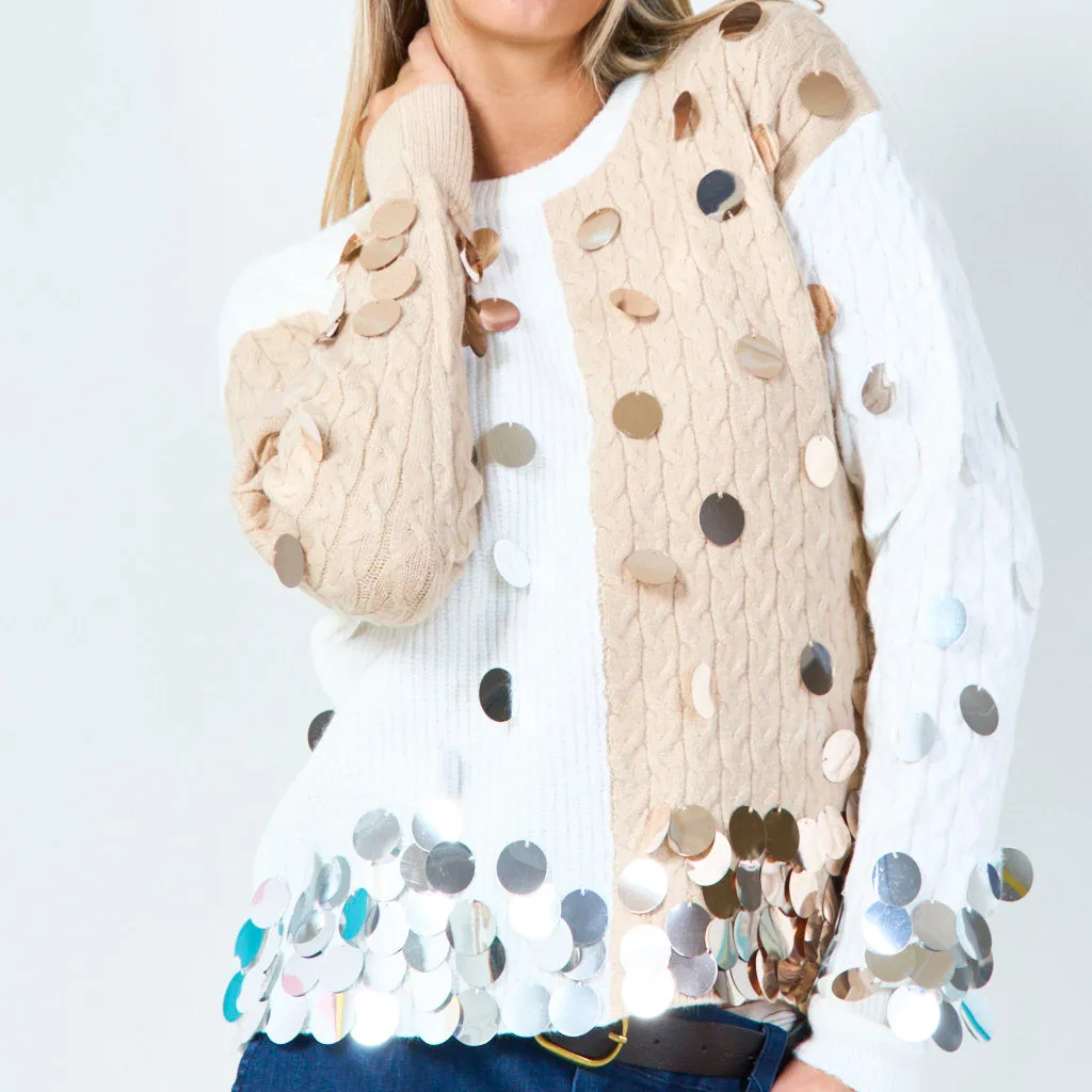 Bold sequin embellished two-tone sweater wholesale