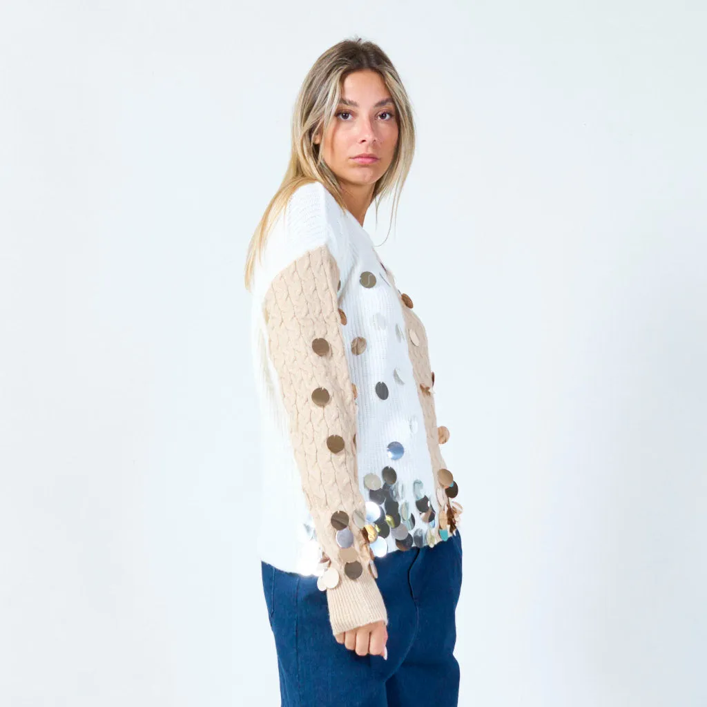 Bold sequin embellished two-tone sweater wholesale