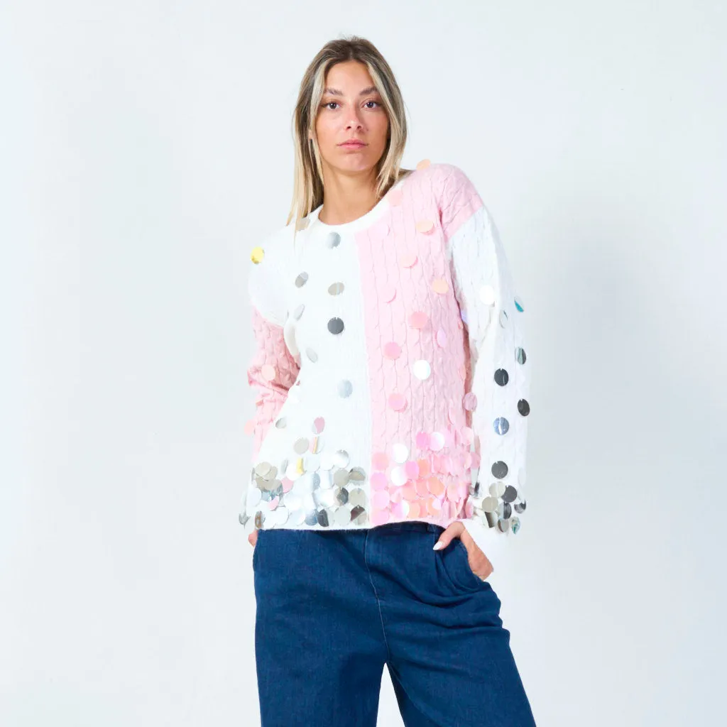 Bold sequin embellished two-tone sweater wholesale