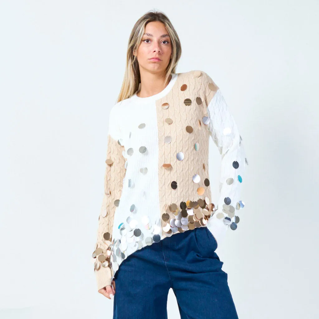Bold sequin embellished two-tone sweater wholesale