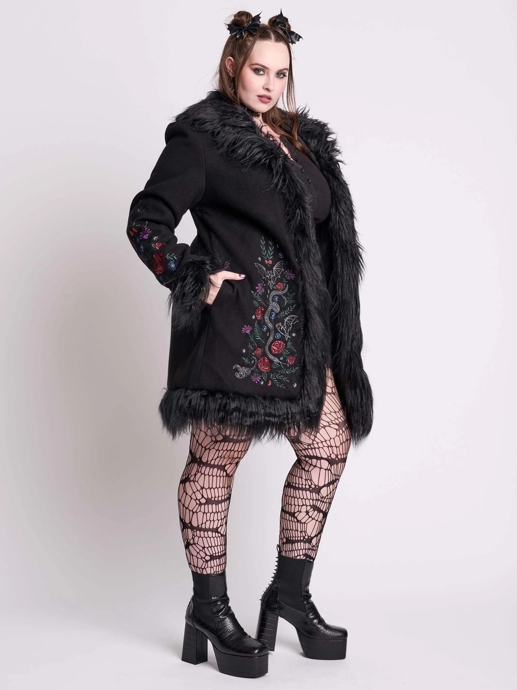 Luxurious Botanical-Inspired Fur Trimmed Winter Coat