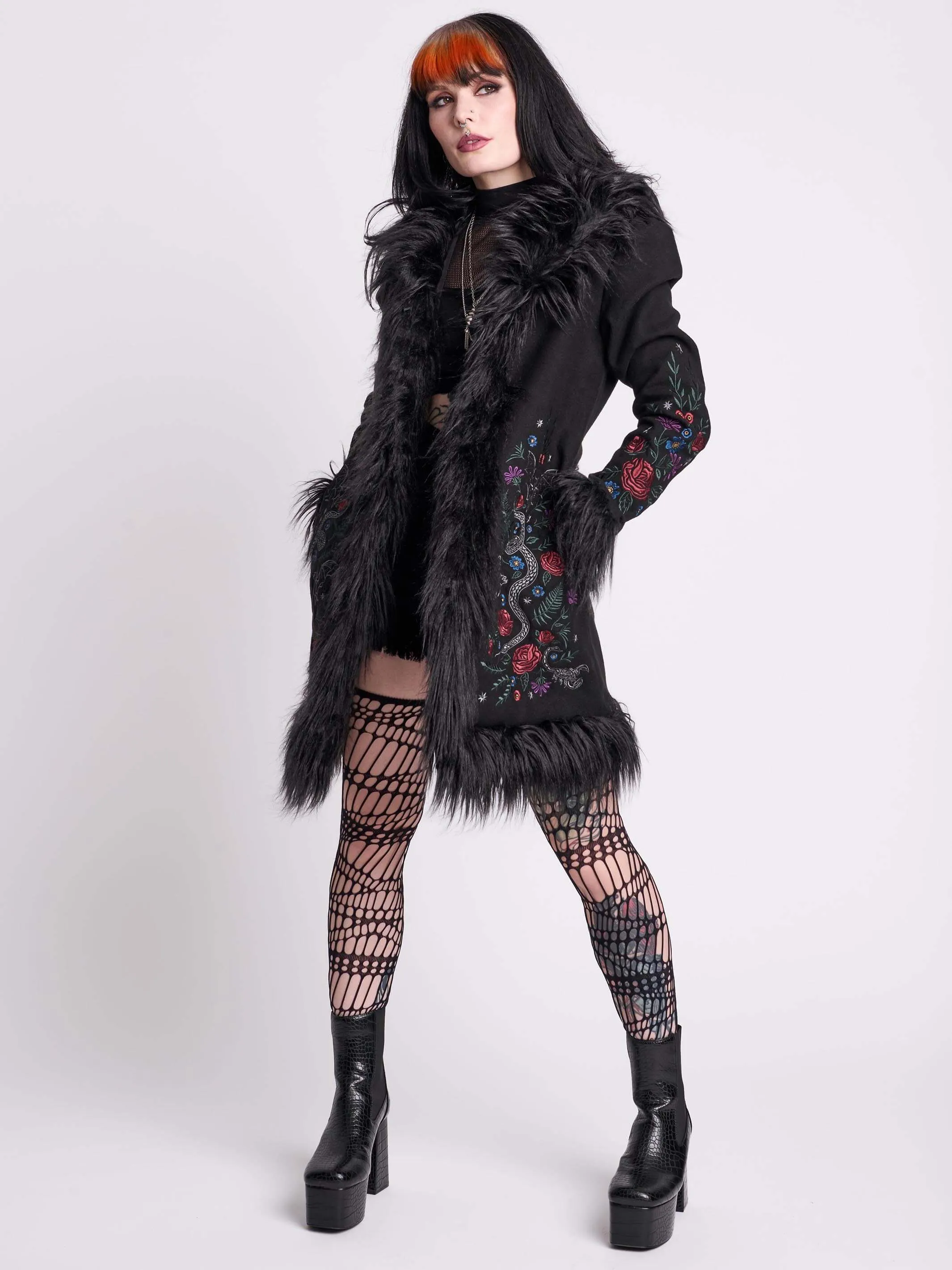 Luxurious Botanical-Inspired Fur Trimmed Winter Coat