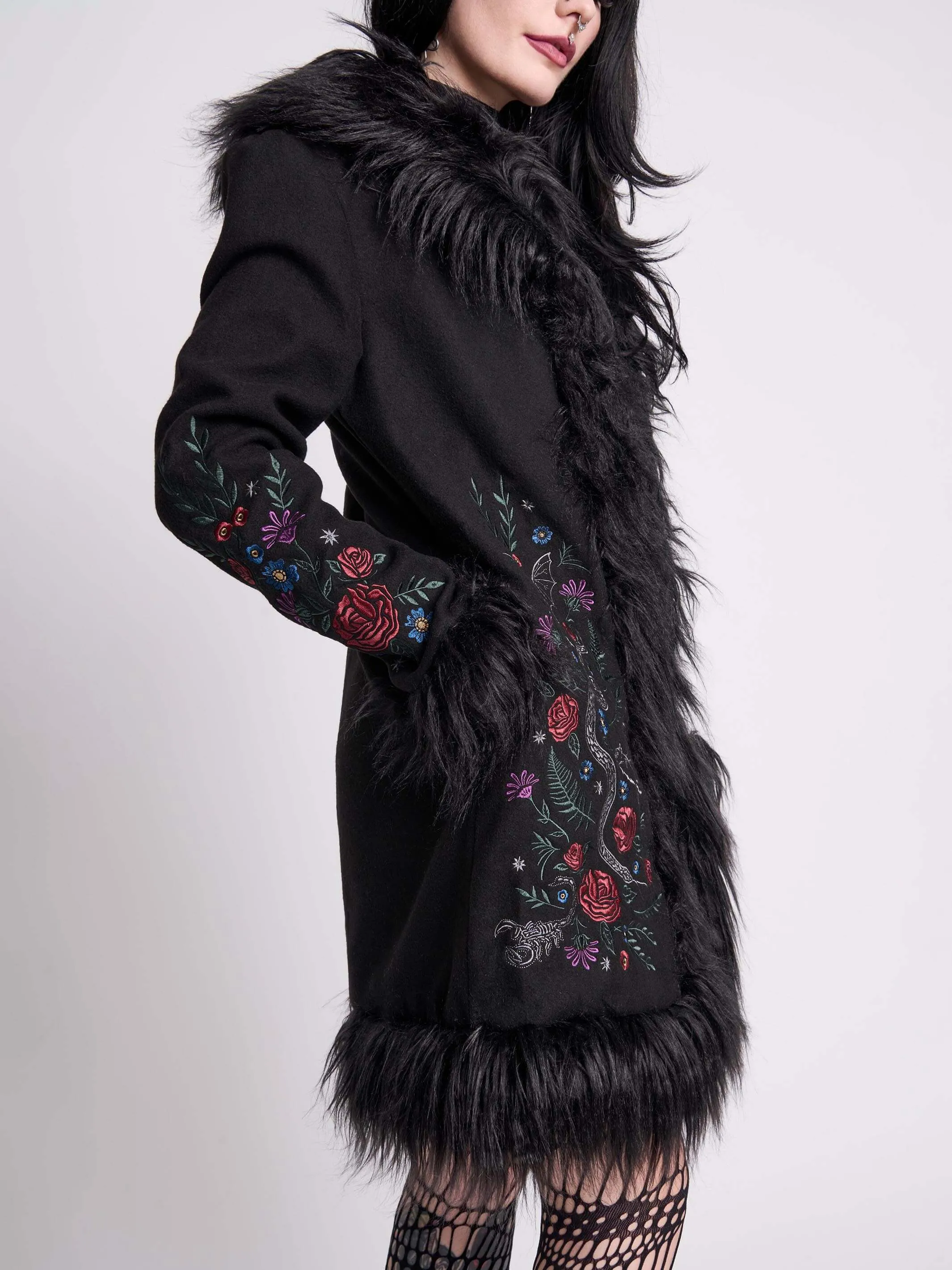 Luxurious Botanical-Inspired Fur Trimmed Winter Coat