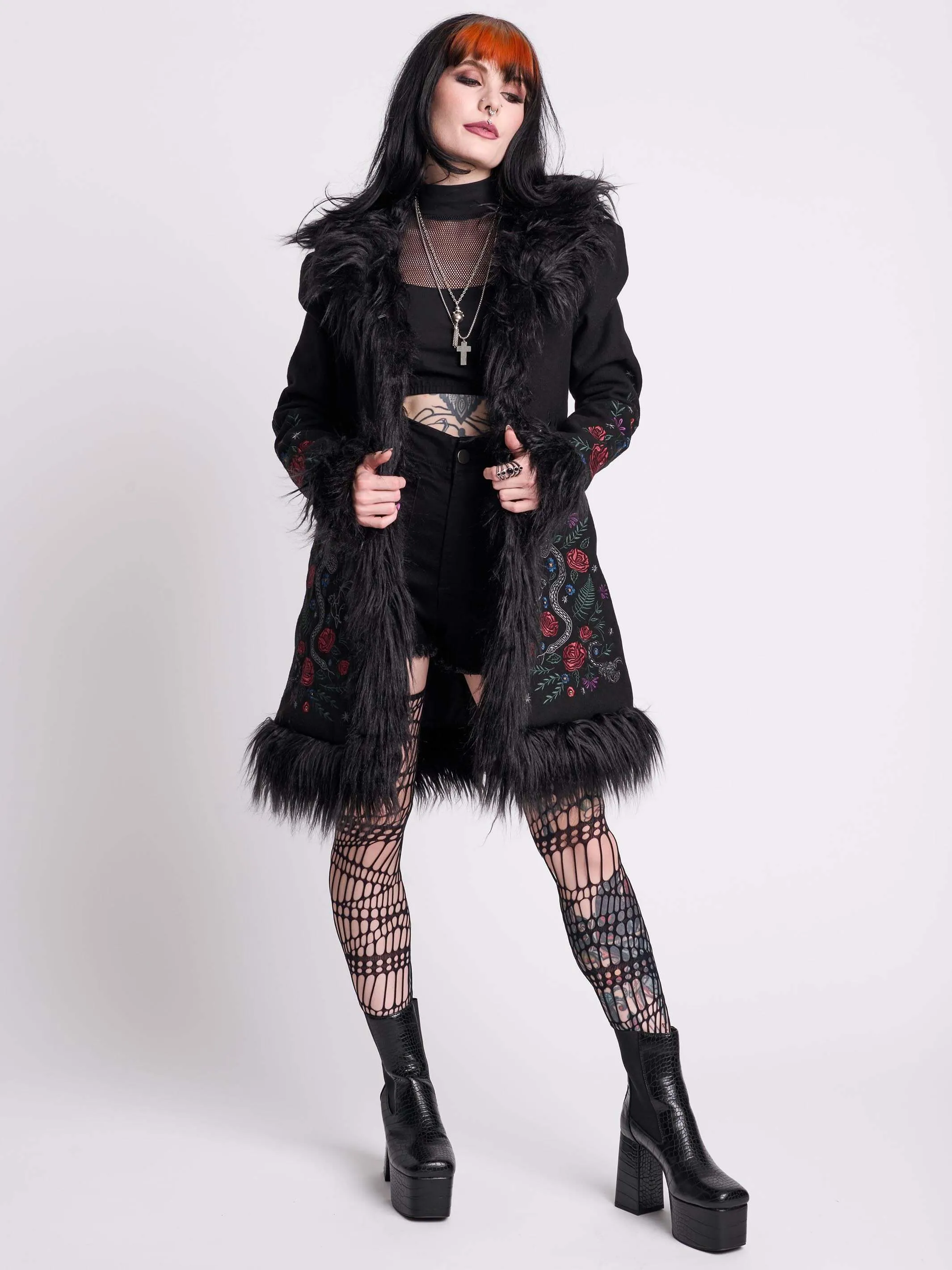 Luxurious Botanical-Inspired Fur Trimmed Winter Coat
