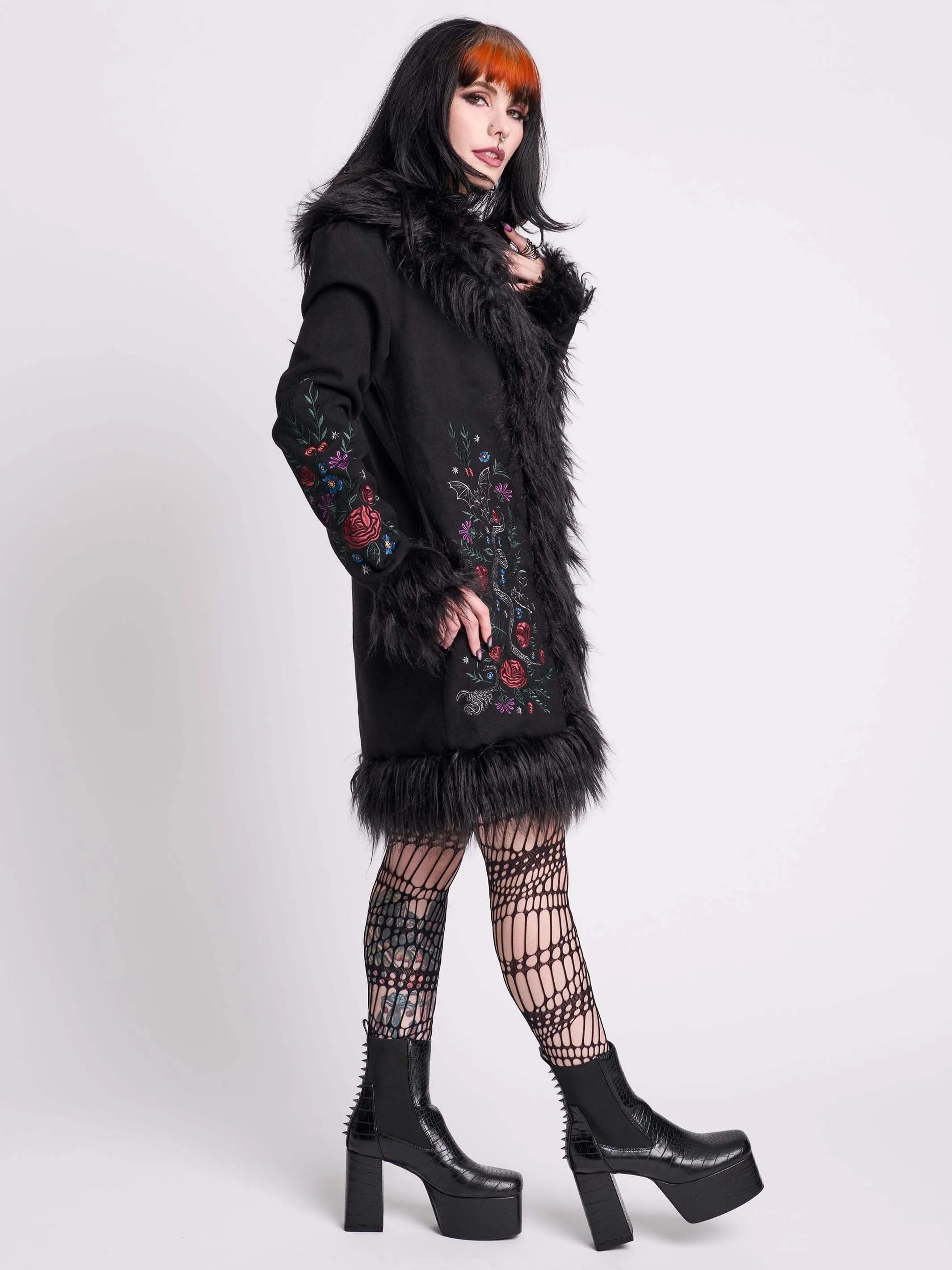 Luxurious Botanical-Inspired Fur Trimmed Winter Coat