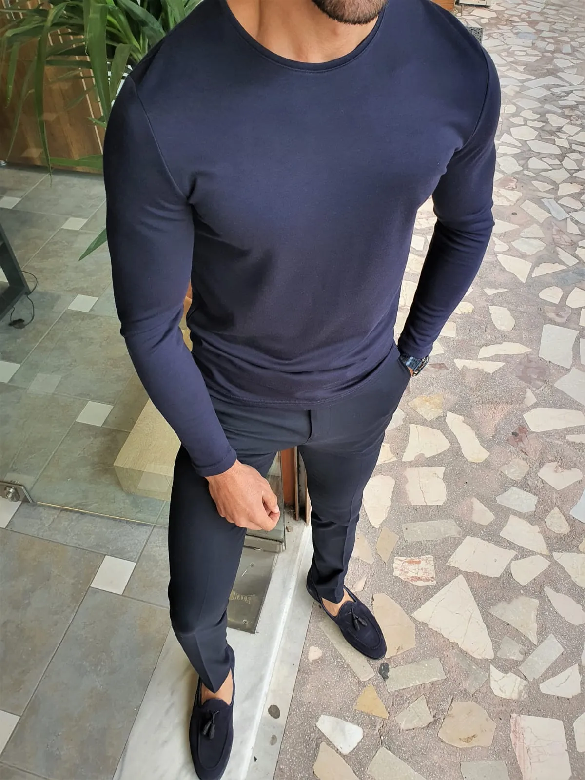 Buy Navy Blue Slim Fit Round Neck Sweater by GentWith | Free Shipping