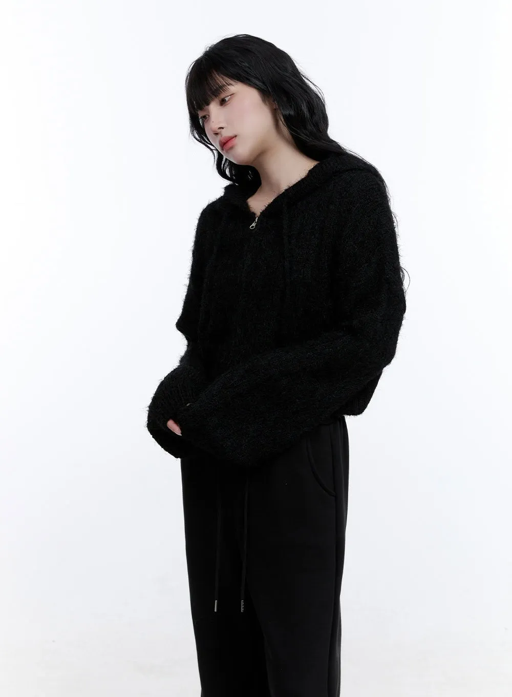 Cable Knit Cropped Hooded Cardigan CD419