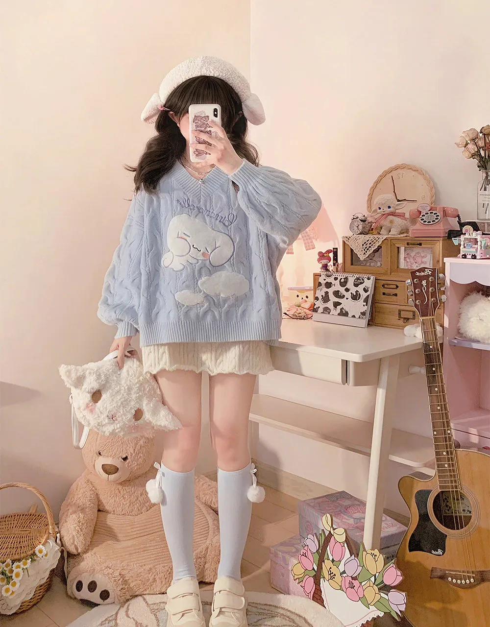 Cinnamoroll V-neck Puff Sleeve Sweater
