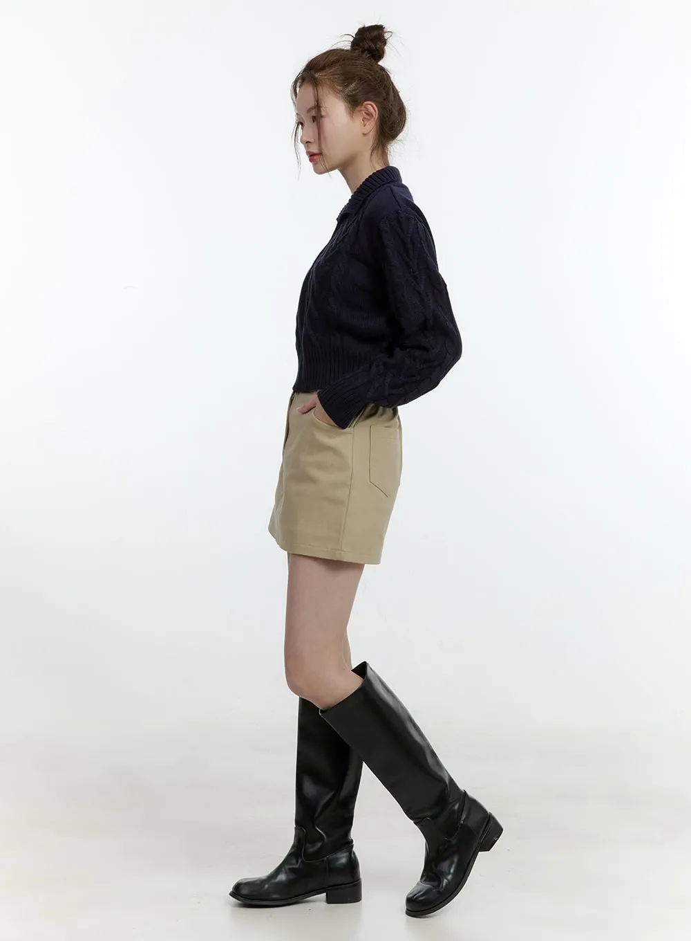 Collared Cable-Knit Zip-Up Crop Cardigan CF504