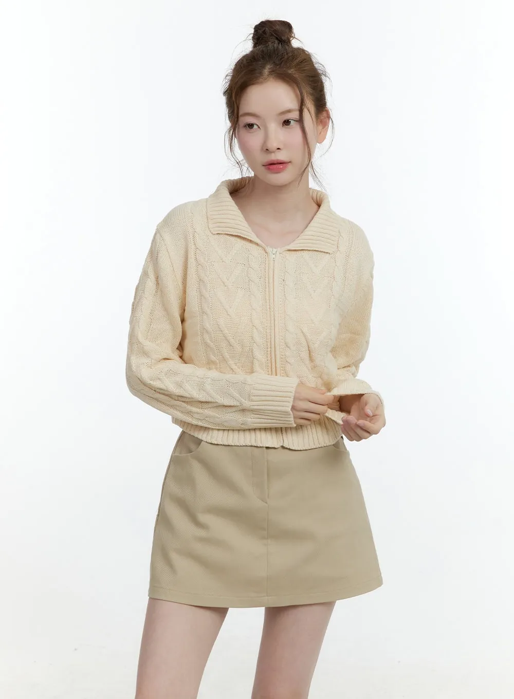 Collared Cable-Knit Zip-Up Crop Cardigan CF504