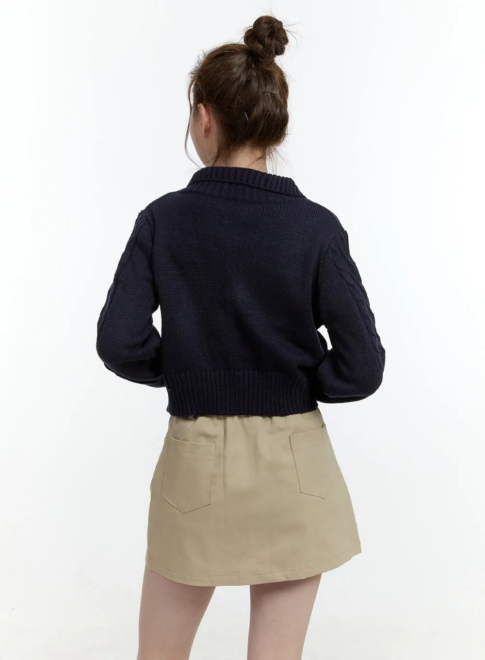 Collared Cable-Knit Zip-Up Crop Cardigan CF504