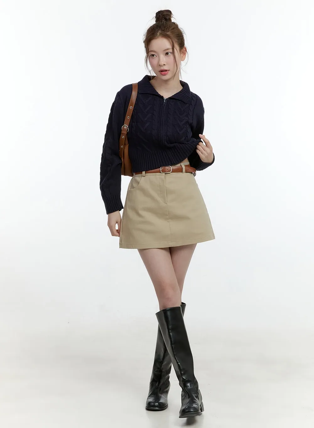 Collared Cable-Knit Zip-Up Crop Cardigan CF504