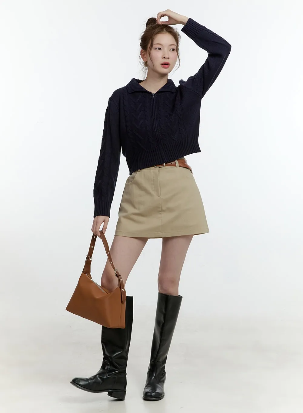 Collared Cable-Knit Zip-Up Crop Cardigan CF504