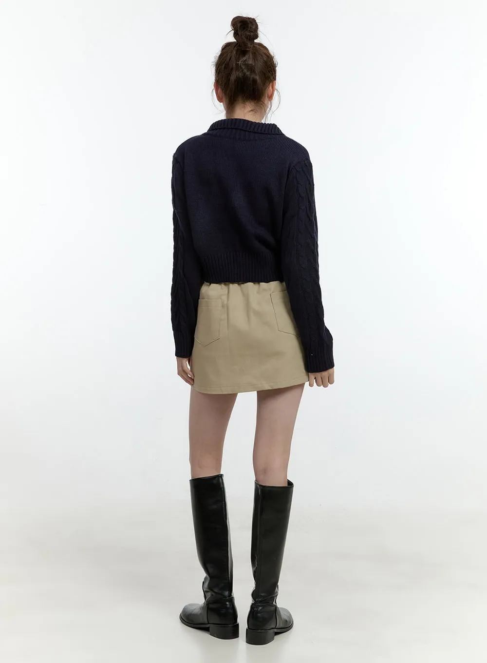 Collared Cable-Knit Zip-Up Crop Cardigan CF504