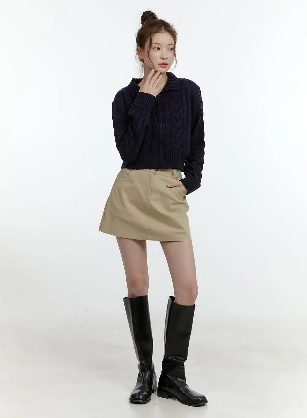 Collared Cable-Knit Zip-Up Crop Cardigan CF504