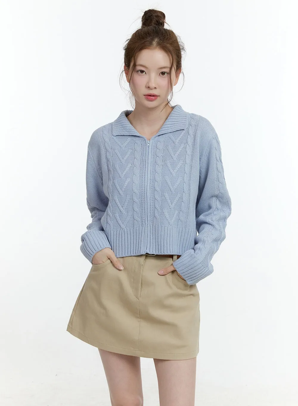 Collared Cable-Knit Zip-Up Crop Cardigan CF504