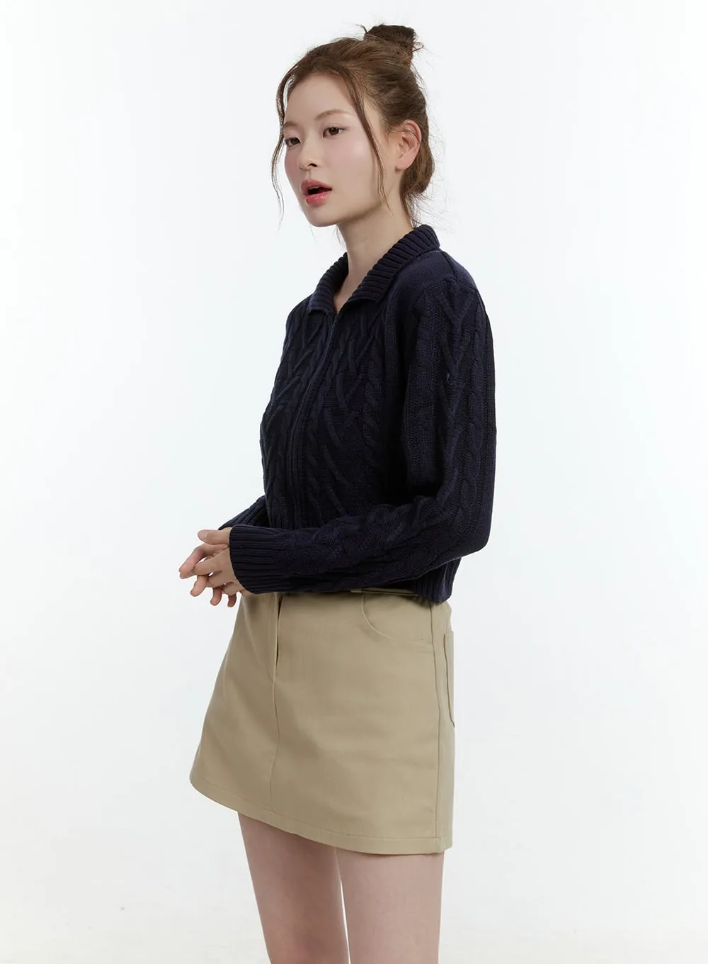 Collared Cable-Knit Zip-Up Crop Cardigan CF504