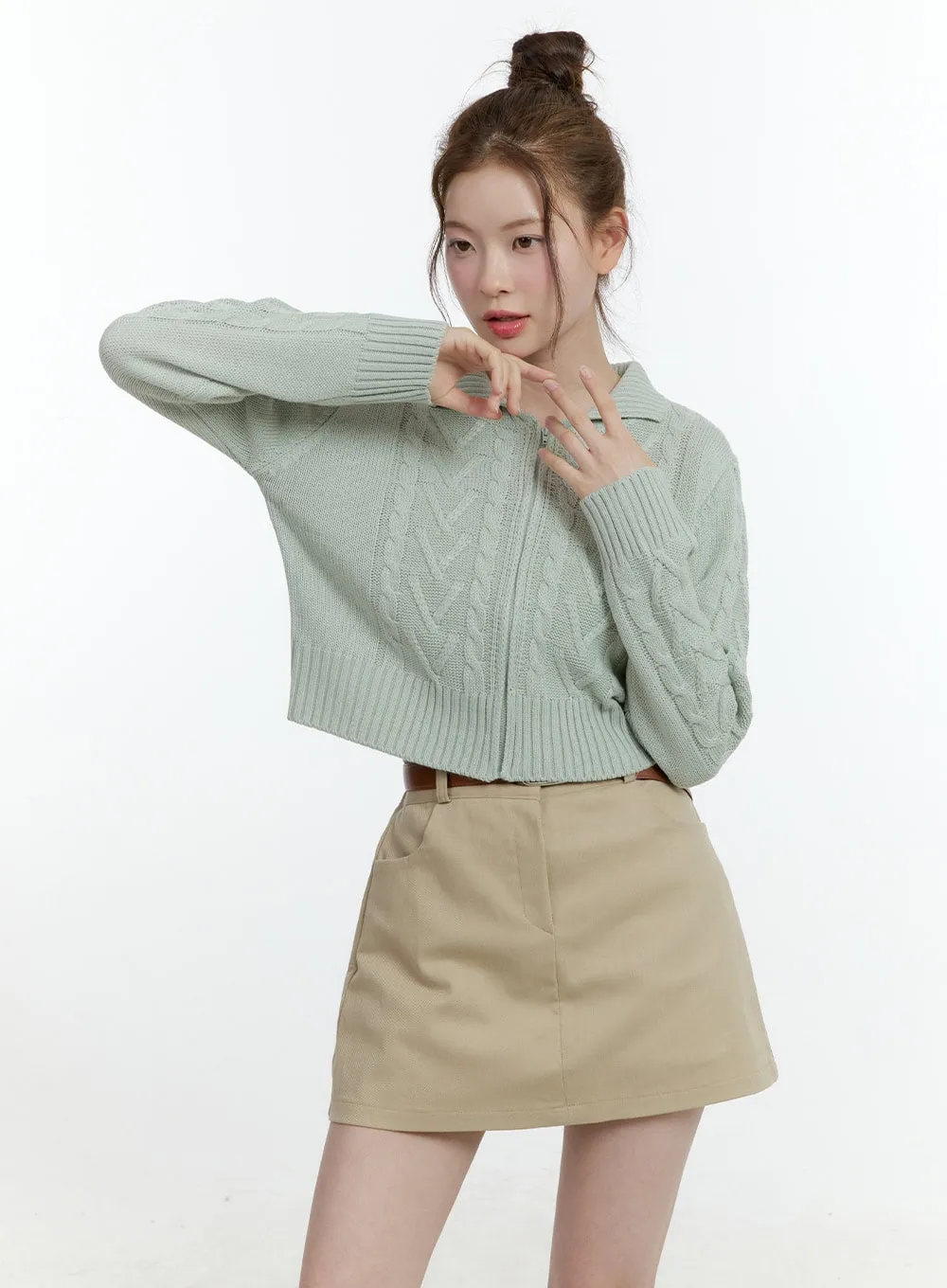 Collared Cable-Knit Zip-Up Crop Cardigan CF504