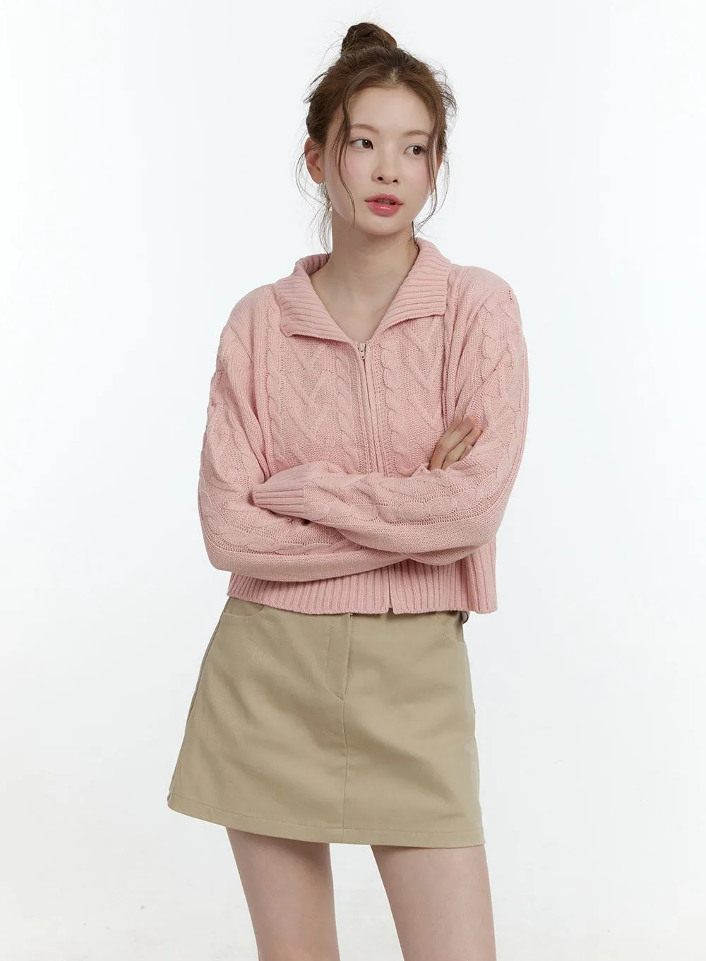 Collared Cable-Knit Zip-Up Crop Cardigan CF504