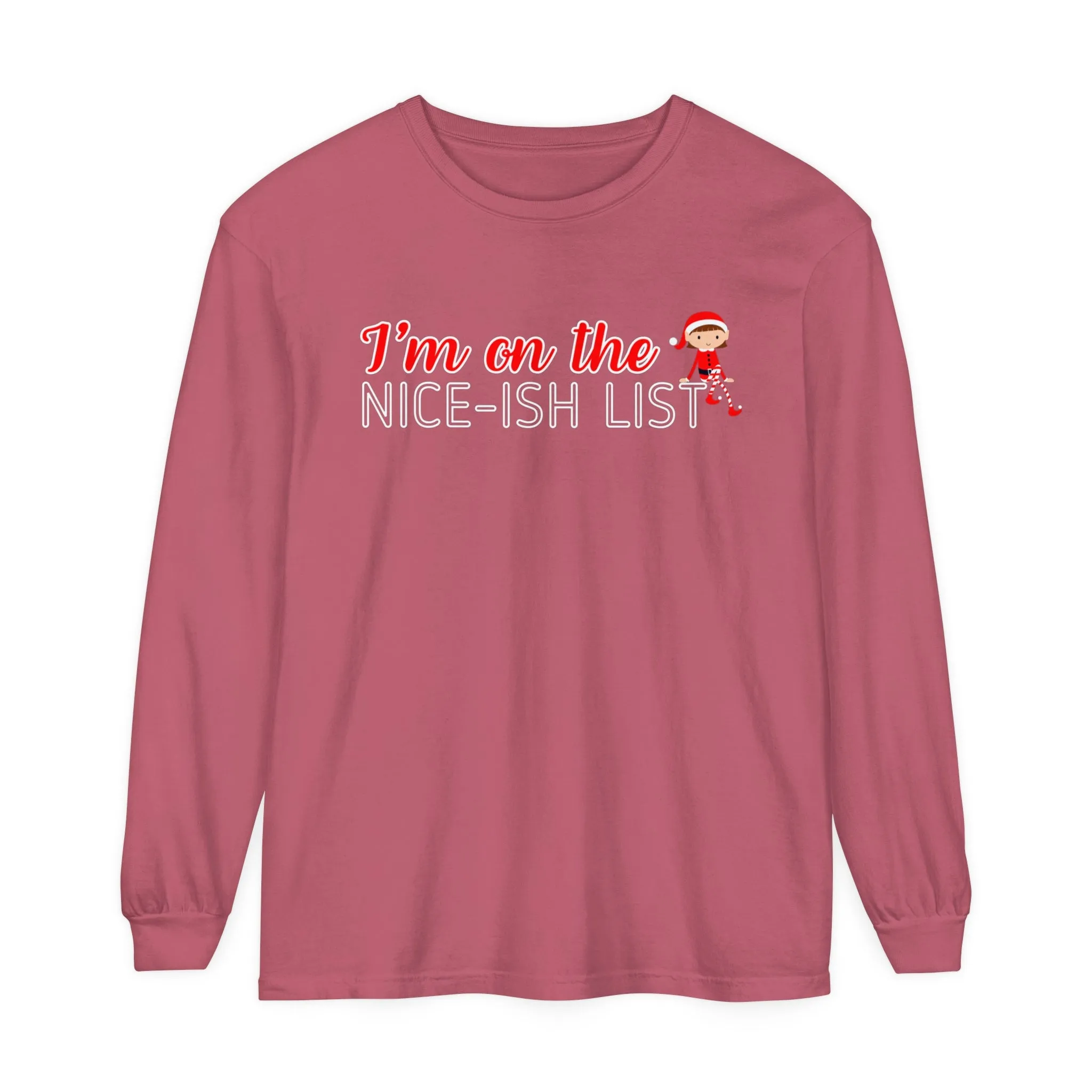 Comfort Colors Garment-Dyed Long Sleeve T-Shirt - 'I'm on the Nice-ish List' Girl Elf Tee