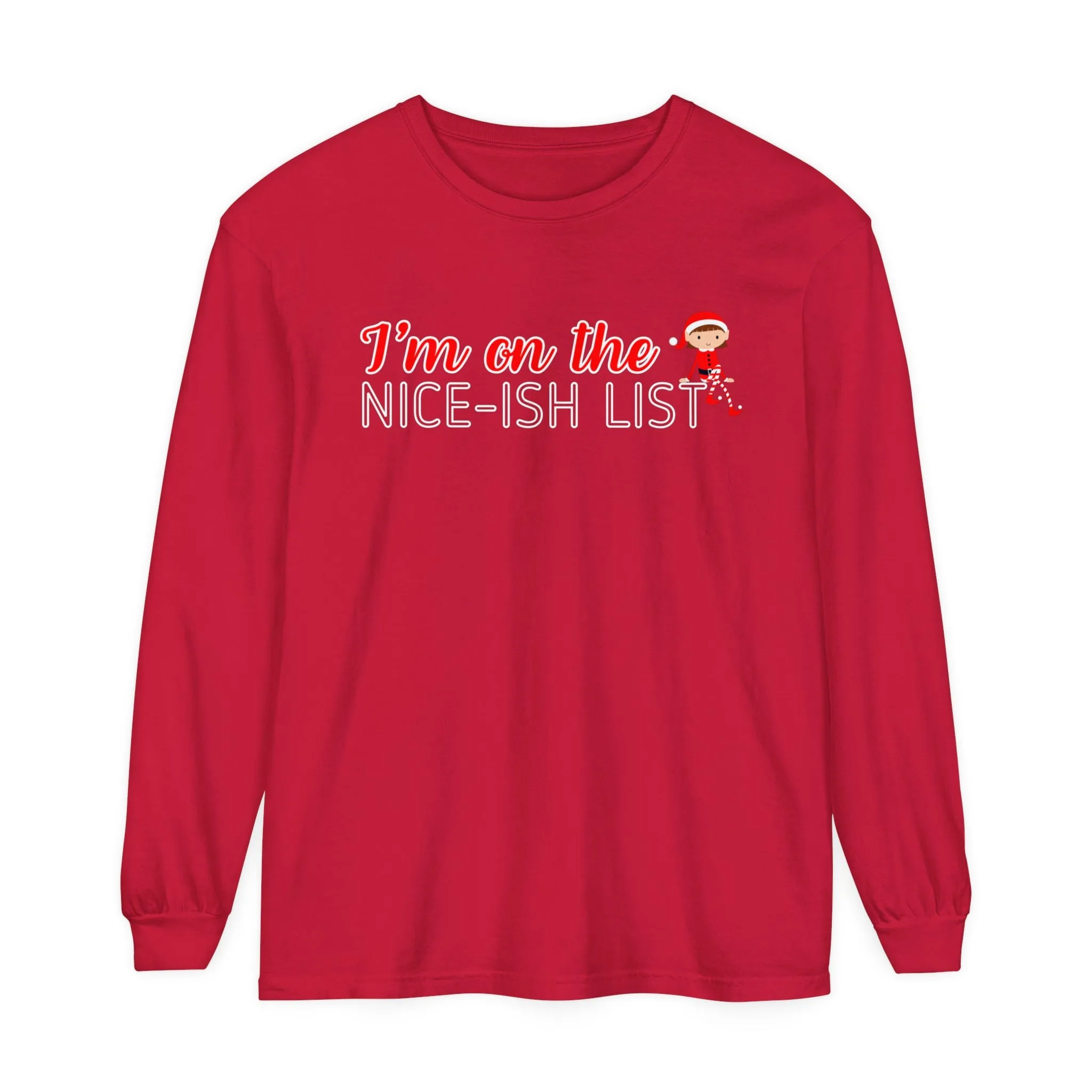 Comfort Colors Garment-Dyed Long Sleeve T-Shirt - 'I'm on the Nice-ish List' Girl Elf Tee