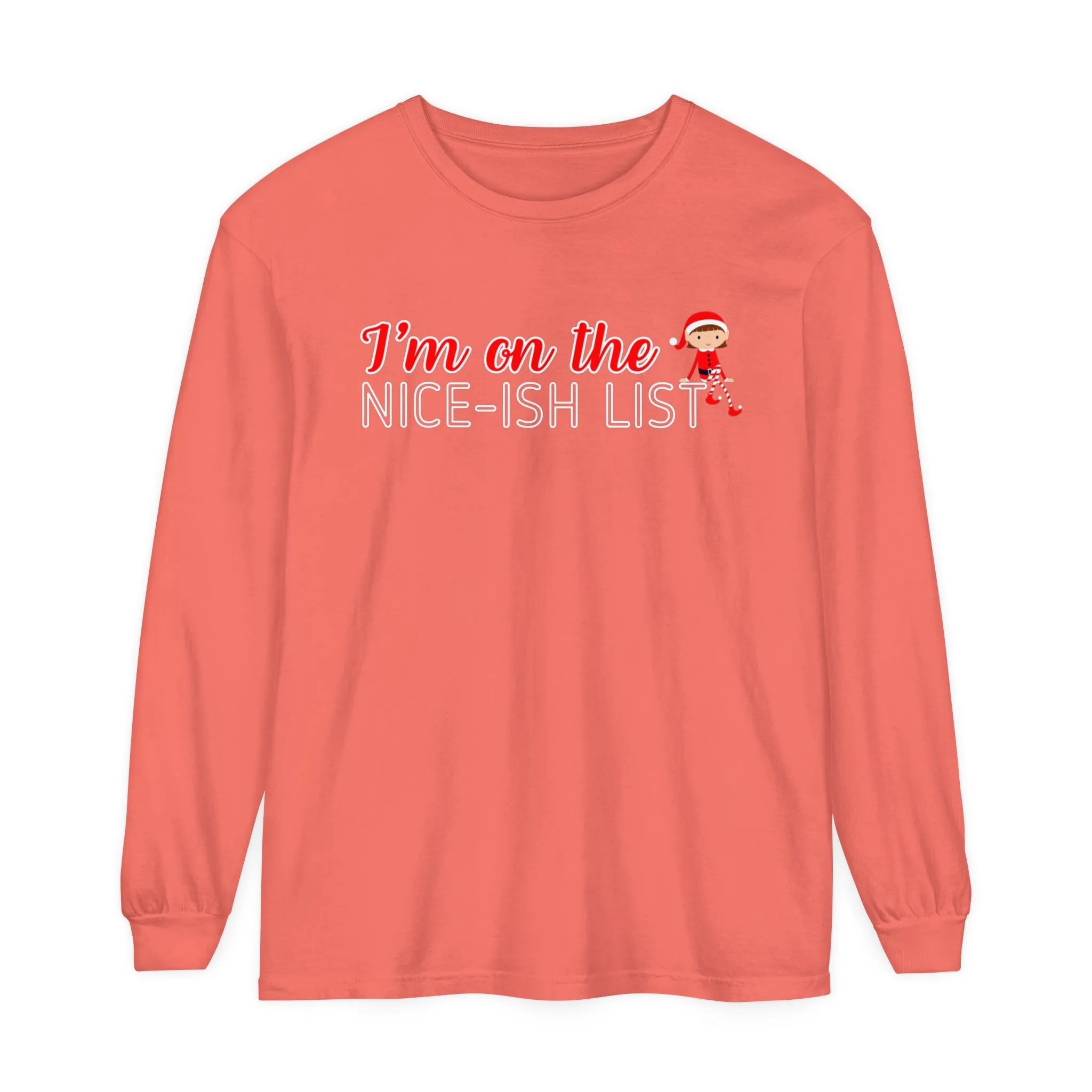 Comfort Colors Garment-Dyed Long Sleeve T-Shirt - 'I'm on the Nice-ish List' Girl Elf Tee