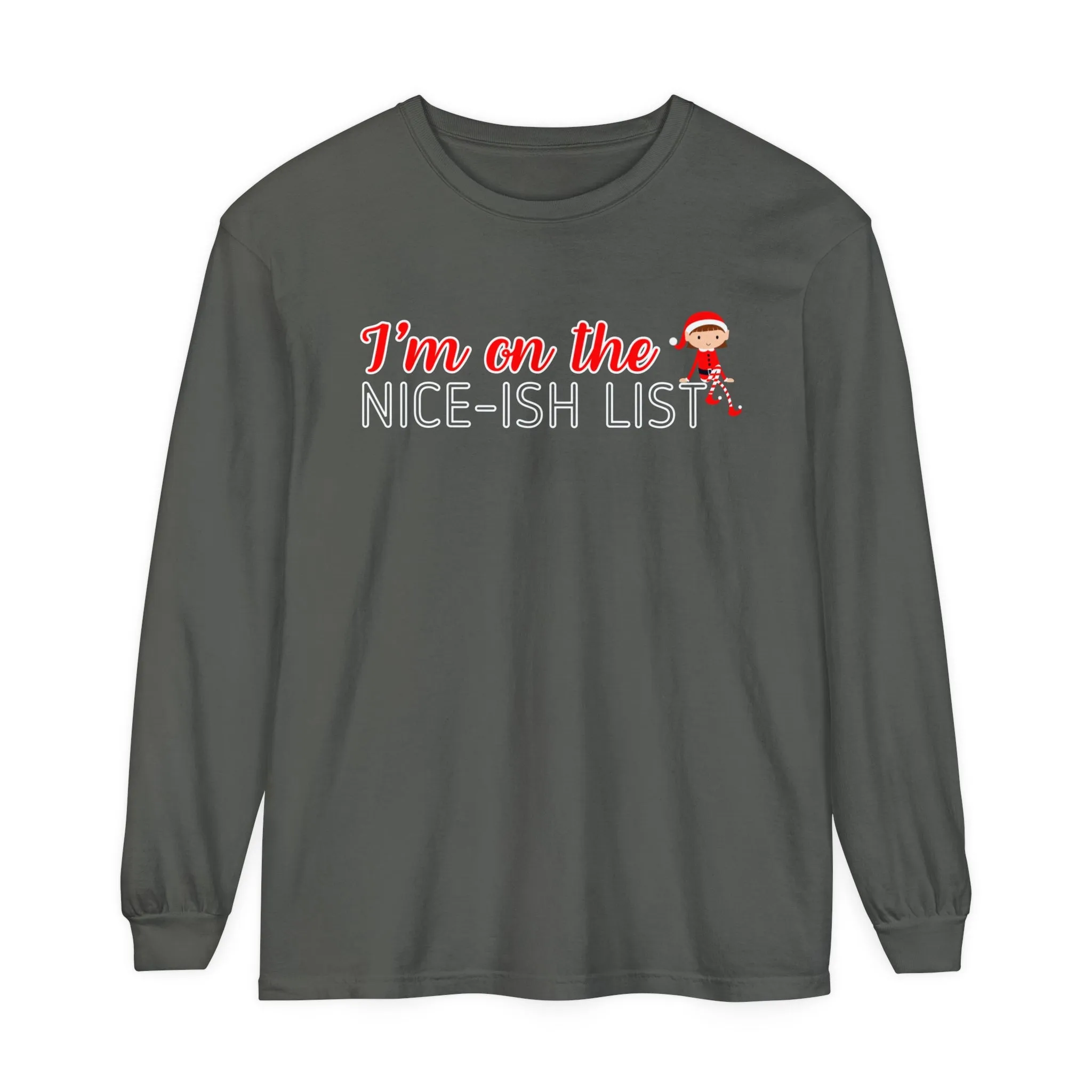Comfort Colors Garment-Dyed Long Sleeve T-Shirt - 'I'm on the Nice-ish List' Girl Elf Tee