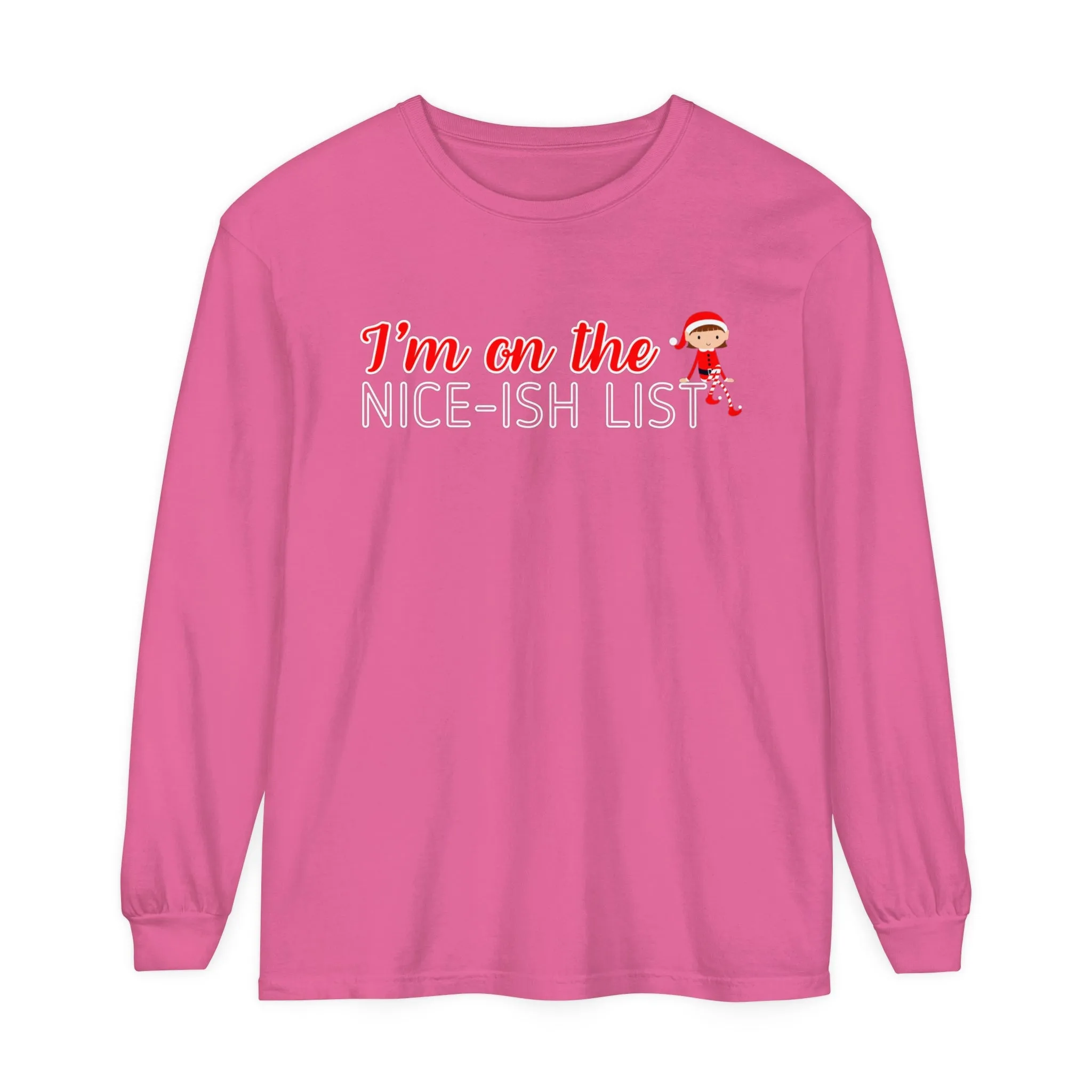 Comfort Colors Garment-Dyed Long Sleeve T-Shirt - 'I'm on the Nice-ish List' Girl Elf Tee