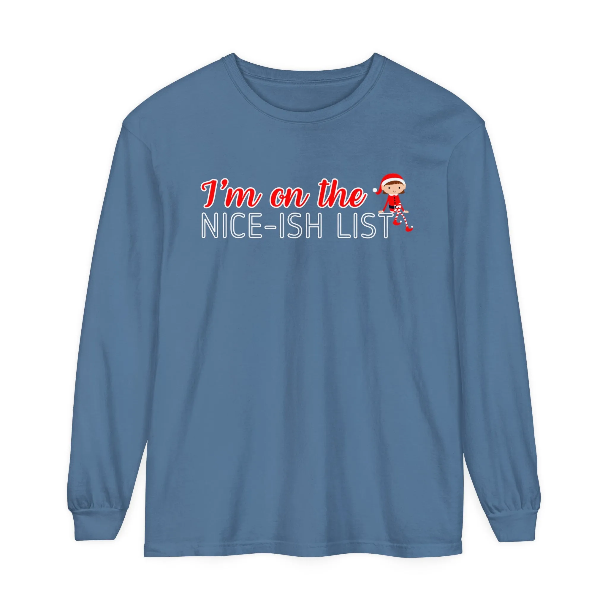 Comfort Colors Garment-Dyed Long Sleeve T-Shirt - 'I'm on the Nice-ish List' Girl Elf Tee