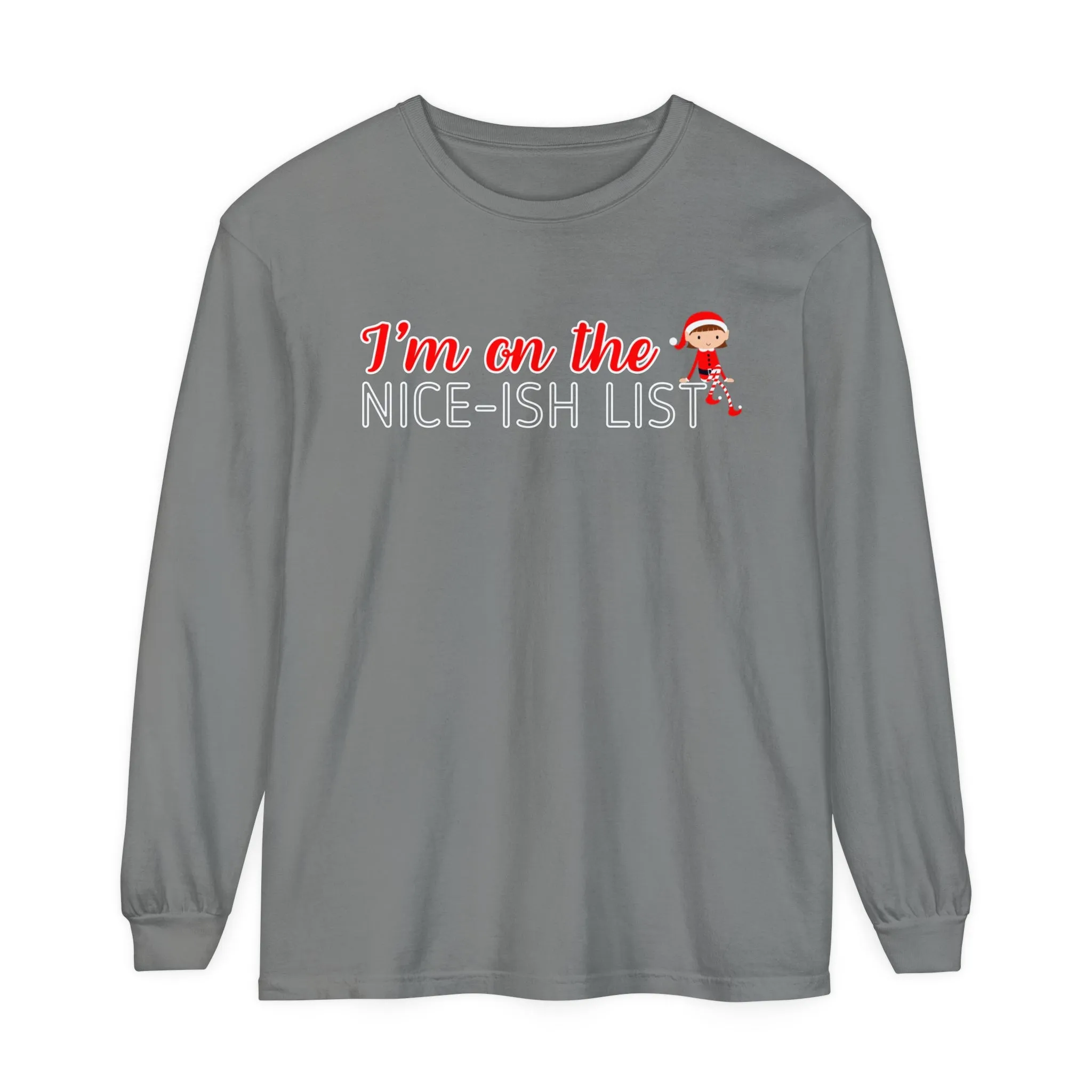 Comfort Colors Garment-Dyed Long Sleeve T-Shirt - 'I'm on the Nice-ish List' Girl Elf Tee
