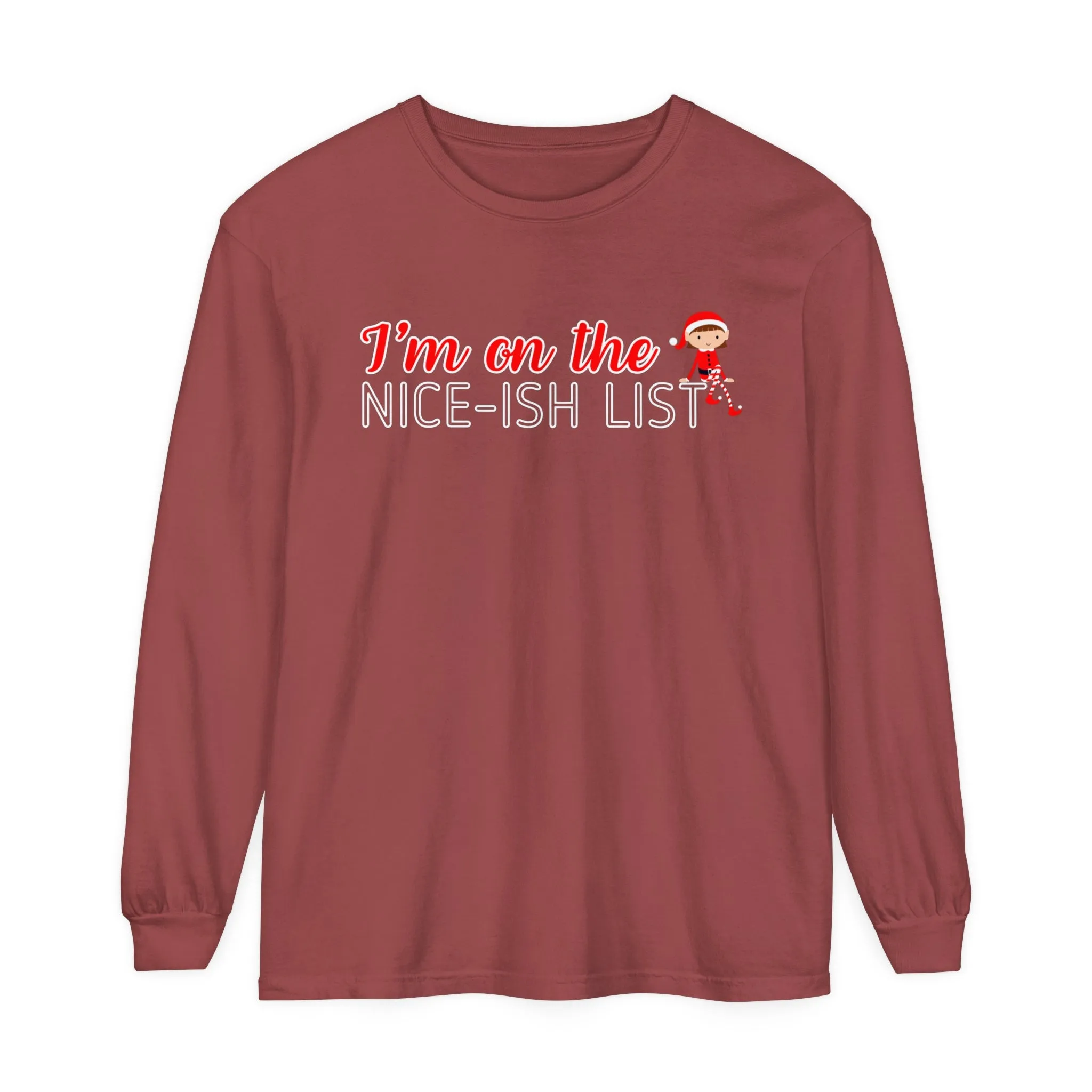 Comfort Colors Garment-Dyed Long Sleeve T-Shirt - 'I'm on the Nice-ish List' Girl Elf Tee